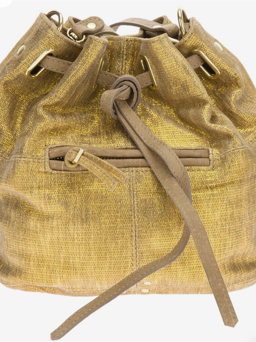 Jerome Dreyfuss Gold Metallic Drawstring Bucket Bag with Tan Trim and Strap